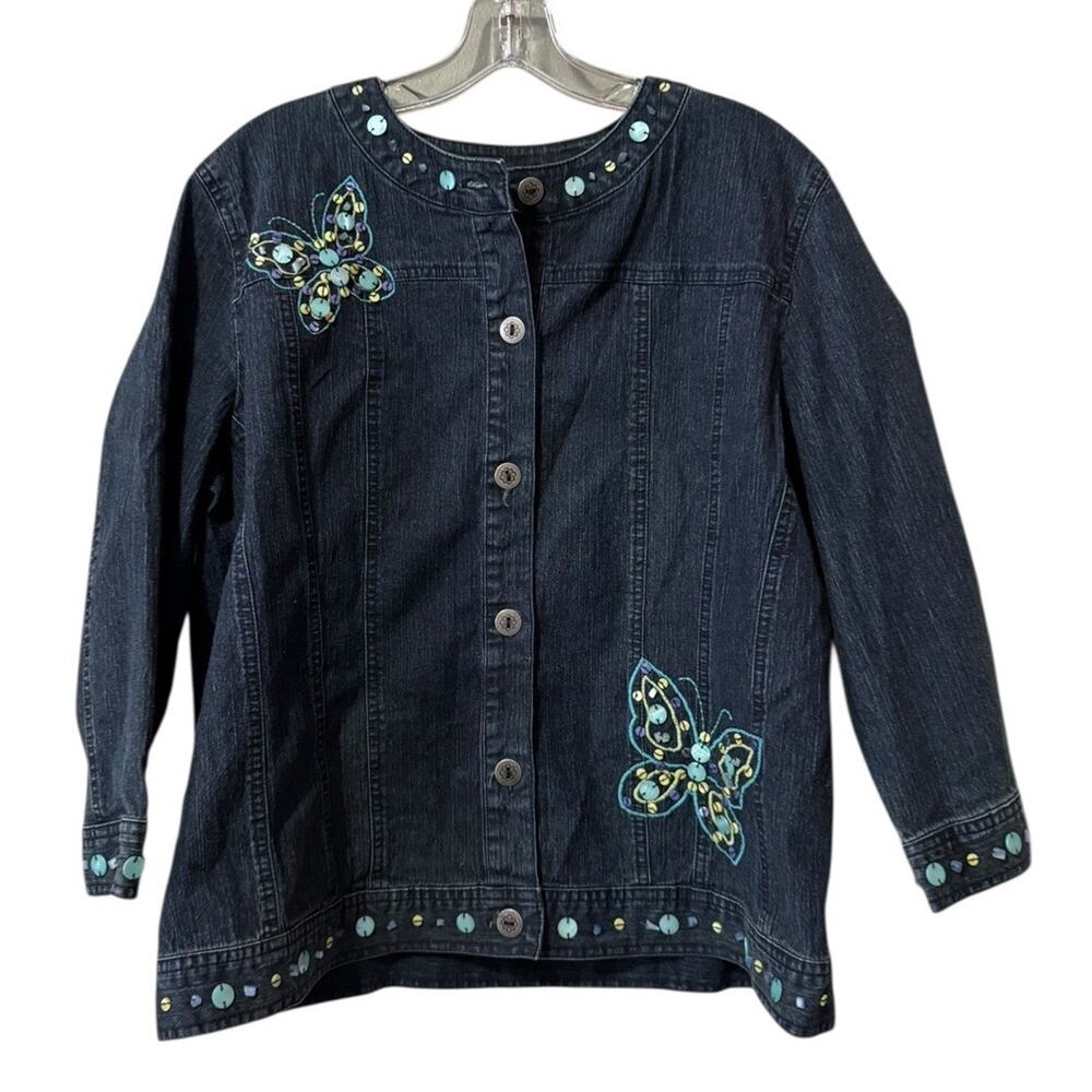 Alfred Dunner Butterfly Women‎ Beaded Embroidered Denim Blazer Jacket Size 12P
